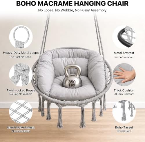 Athena Collection Hammock Chair with Hardware Kit & & Cozy Cushion, Gray