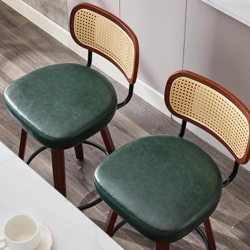 KEEZY Natural Rattan Bar Stools Set of 2, 26 Inch Counter Height Barstools with Backs, PU Leather Seat, 360° Swivel, Wood Legs, Mid-Century Modern Bar Chairs for Kitchen Island, Home Bar(Dark Green)