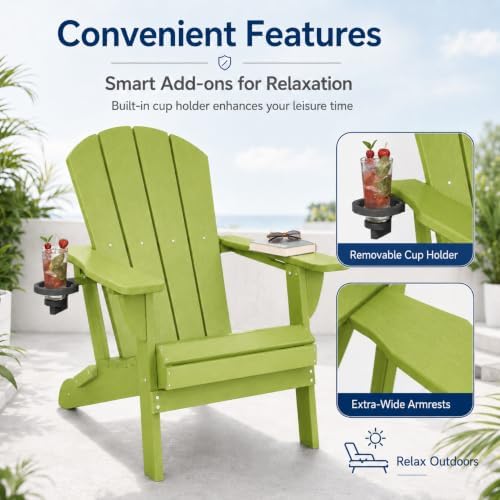 Folding Adirondack Chairs Set of 6 with Cup Holders, Heavy Duty HDPE Plastic Outdoor Chairs, Weather Resistant Heavyweight Patio Furniture Set for Deck, Fire Pit, Backyard, Apple Green