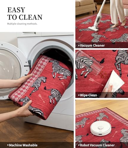 YIHOUSE Red Zebra Area Rugs 6×9, Washable Animal Print Rug with Checkered Border, Non-Slip Low Pile Mid-Century Modern Carpet for Living Room, Bedroom, Dining Room, Home Decor