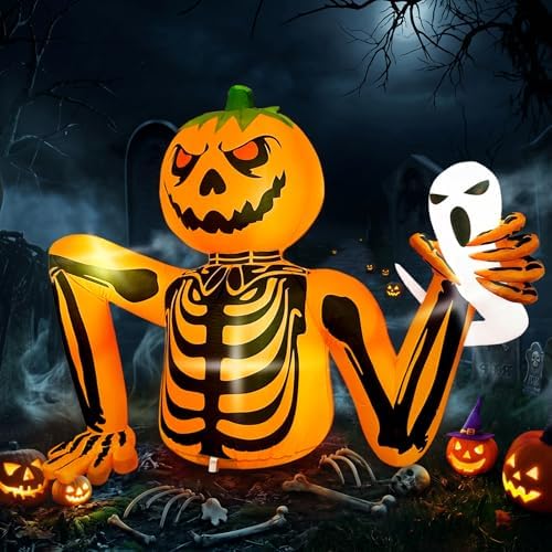 5FT Halloween Pumpkin Inflatable Skeleton with LED Light for Yard Garden