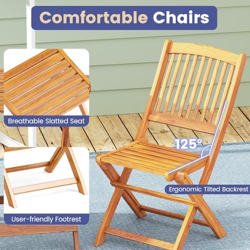 GIANTEX Patio Bistro Set 3 Pieces, Outdoor Acacia Wood Folding Table & Chairs Set with 2 Padded Cushions, Patio Conversation Furniture Set for Backyard, Garden, Balcony, Poolside (Natural & Navy)