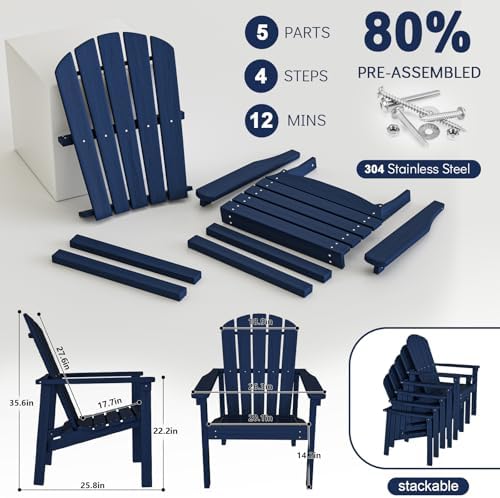 nevilywood Stackable Adirondack Chair, HDPE Outdoor Chair Set of 2, Navy