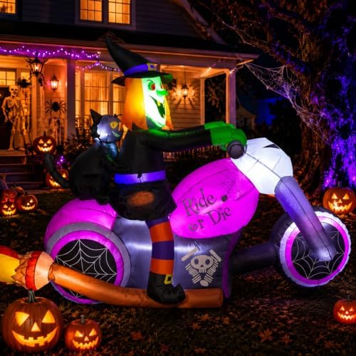 7FT Gaint Halloween Inflatables Witch on Motorcycle with Black Cat,Blow Up Outdoor Decorations with LED for Yard,Lawn, Garden, Porch and Party