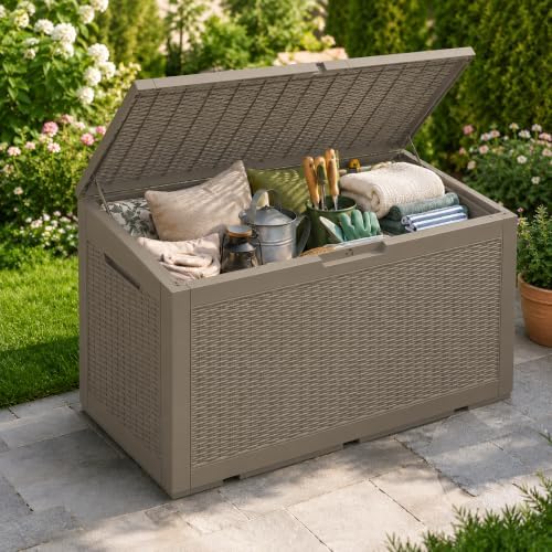 Outdoor Storage Box Resin Deck Box Waterproof BrownWicker 126 Gallon