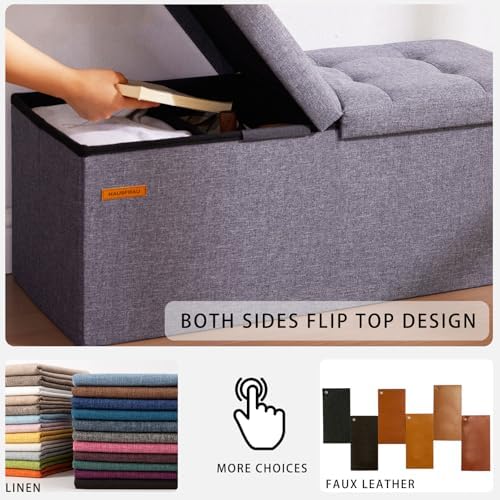 HAUSFRAU Ottoman with Storage Bench Folding Foot Rest Stool Linen Red