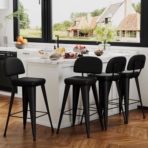 Yongchuang 24" Bar Stools Set of 4, Black Faux Leather Barstools with Back