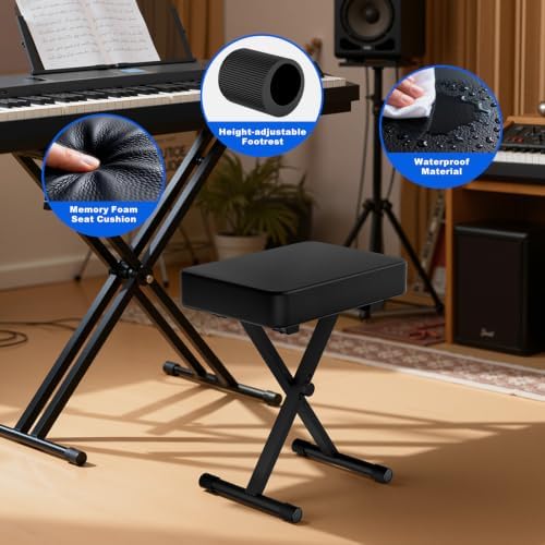 Adjustable X-Style Keyboard Bench,Thick Cushion,Folding X-Style Keyboard Bench,3-Position Height,Non-Slip & Height-Adjustable Rubber Feet,Black
