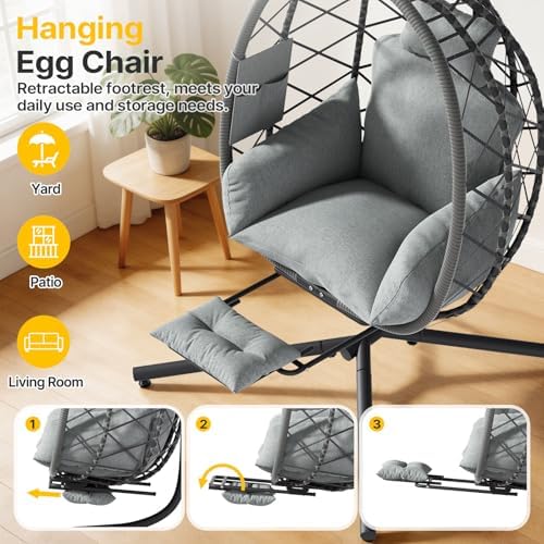 Suteck Hanging Egg Chair with Adjustable Footrest & Stand, Grey