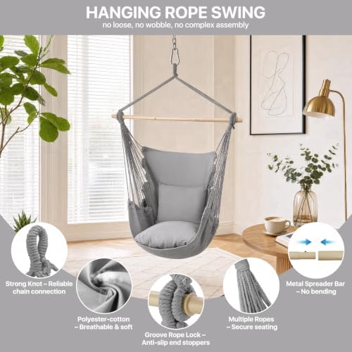 Athena Collection Hammock Chair Hanging Rope Swing, Gray