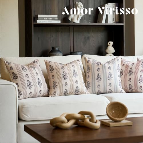 Amor Virisso Floral Throw Pillow Covers 20x20 Set of 2 Block Print Pillow Covers Neutral Floral Striped Farmhouse Decorative Pillow Covers for Sofa Couch Bed, Brown