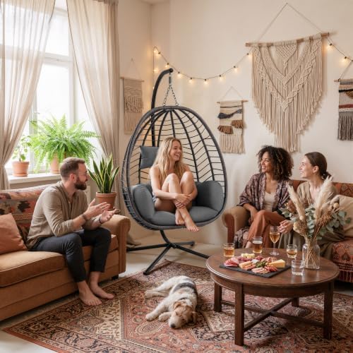 ALAULM Foldable Egg Chair with Stand, 485LBS Capacity Wicker Rattan Hammock Swing Chair for Outdoor & Indoor, Hanging Chair with Strong Frame & UV Resistant Cushion for Balcony, Bedroom, Light Gray