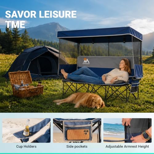 Overmont Camping Chair with Canopy- Folding Double Loveseat Chair with Adjustable Shade