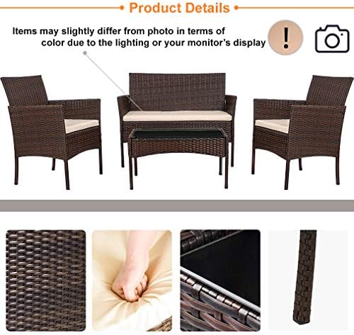 FDW 4-Piece Patio Furniture Set | Brown & Khaki | Outdoor Wicker Furniture