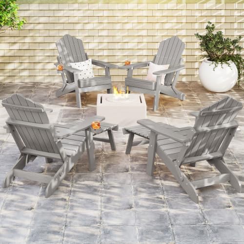 GIANTEX Folding Adirondack Chair, All-Weather Lounge Chair with Adjustable Backrest, Retractable Ottoman, Cup Holder, HIPS Fire Pit Chair for Lawn, Pool, Patio, Porch (1, Gray)