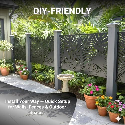 Metal Privacy Screen Outdoor – 72in Decorative Laser Cut Steel Garden Divider Panel with Tropical Leaf Design, Weatherproof Freestanding Modern Privacy Fence for Patio, Deck, Backyard & Balcony