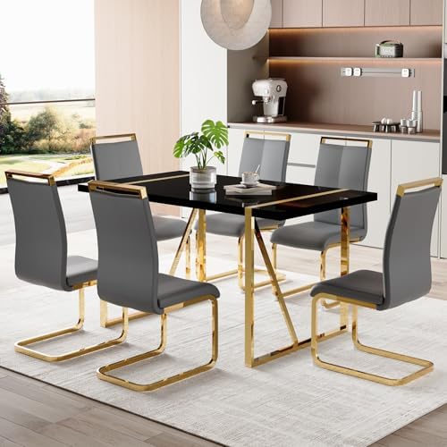 Modern Dining Table Set for 6, 55'' Dining Room Table Set with 6 Faux Leather Chairs, Black Wood Tabletop with Gold Metal Legs, Suitable for Small Space