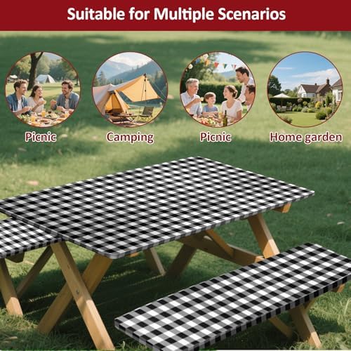 7ft 84" Picnic Table and Bench Cover, 3 Pack, Black-White Checkered