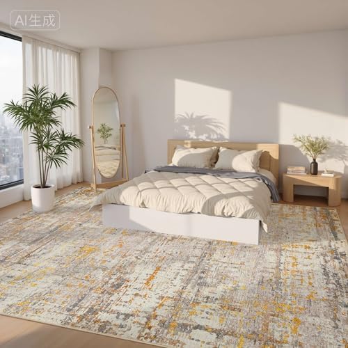 Rugxara 9x12 BeigeGold Modern Abstract Neutral Washable Rug for Living Room