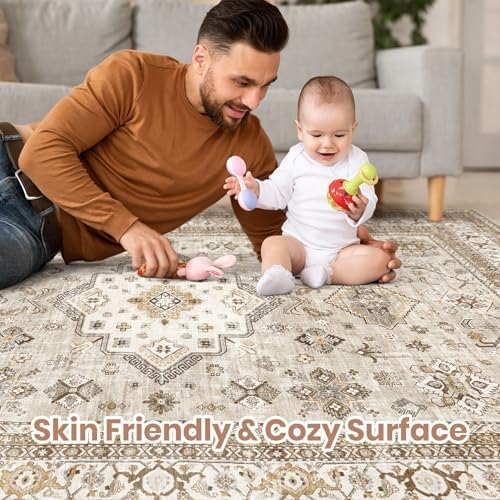 cotiled 10x12 Area Rug for Living Room, Washable, Traditional, Beige