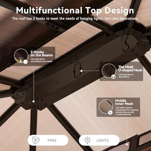 Aoxun 12'x10' Hardtop Gazebo with Polycarbonate Double Roof, Brown