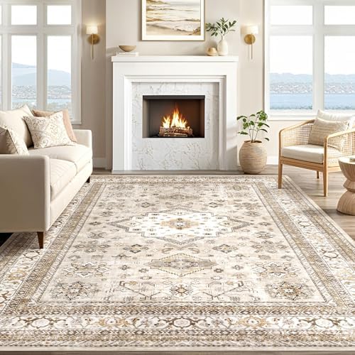 cotiled 6x9 Area Rug for Living Room, Washable, Traditional, Beige