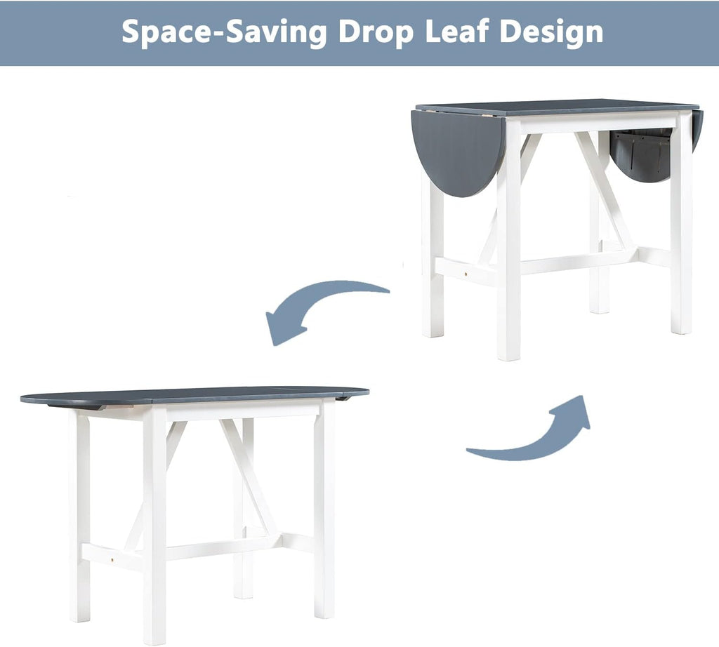 Farmhouse 3-Piece Counter Height Dining Table Set, Half-Round Drop Leaf Dining Table with 2 Upholstered Dining Chairs, Heavy Solid Wood Breakfast Kitchen Dining Room Set for Small Space (White-3PCS)