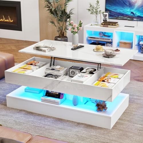chartustriable 47.2" Large Lift Top Coffee Table, Modern LED High Glossy Coffee Table with Storage for Living Room, Lift Up Living Room Center Tables with Charging Station, LED Lights, White