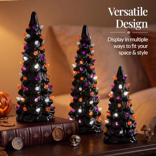 Best Choice Products 3Pc Ceramic Halloween Trees, Pre-Lit Hand Painted Pencil Holiday Tabletop Trees w/Orange Purple & White LED Lights