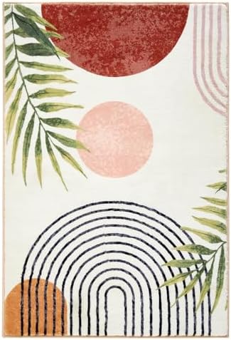 RoomTalks Mid Century Modern Washable Rug, Boho Cute Aesthetic 8x10 Area Rugs Large Carpet for Bedroom Dining Living Room Entryway Office, Contemporary Abstract Leaves Thin Pile Accent Indoor Rug