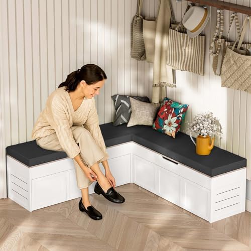 L-Shaped Corner Storage Bench with Cushion, Backless Wood Bench, Black