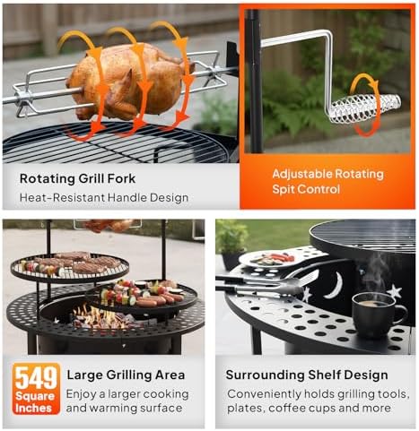 ROVSUN Upgrated 33'' Outdoor Fire Pit with 2 Grills, Grill with Side Shelves, Wood Burning Round Firepit with Swivel Cooking Grate, Removable Swivel Grill for Backyard, Patio, Picnic, BBQ and Parties