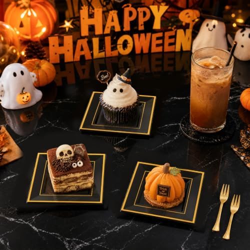 WDF 200PCS Black and Gold Plastic Dessert Plates for Halloween Parties