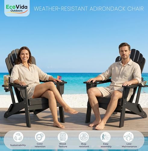 HDPE Folding Adirondack Chair with 2 Cup Holders, Black