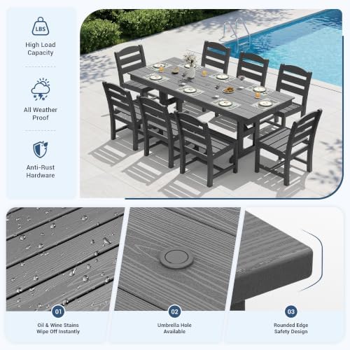 KINGYES Outdoor Dining Set,84'' Table w/Umbrella Hole & Armless Chairs,Grey