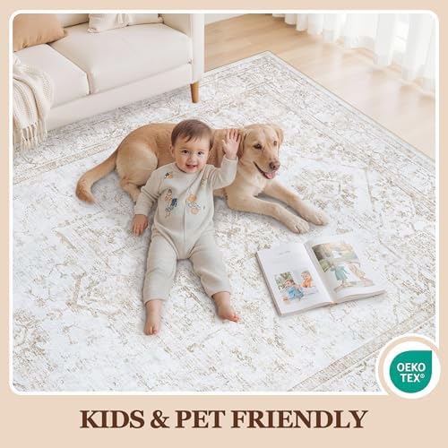 10x14 Washable Area Rugs for Living Room Beige Non-Slip Rug