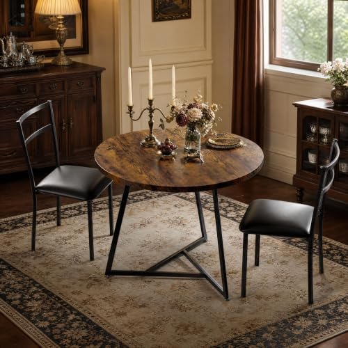 Garvee Dining Table Set for 2, Wooden Kitchen Table and Chairs of 2 with Upholstered Chairs, Round Kitchen Tables Set, 3 Piece Dining Room Table Sets for Small Space, Apartment, Rustic Brown