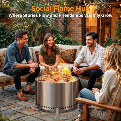 HGD 27.5" Smokeless Fire Pit with Stand & Grill Rack, Large Stainless Steel Wood Burning Firepit with Secondary Combustion, Backyard Patio Stove for Outdoor, Garden, BBQ & Bonfire (Silver)