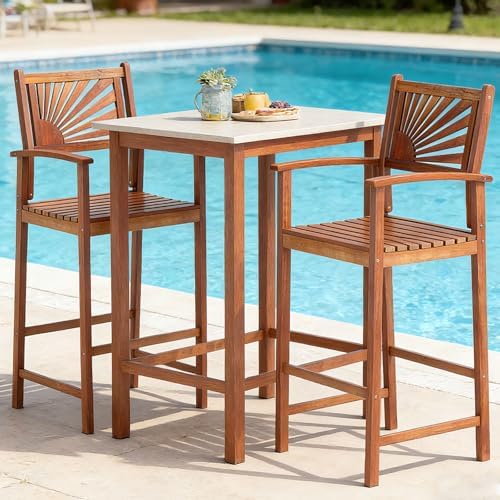 COSTWAY 29'' Outdoor Acacia Wood Bar Chairs Set of 2 with Back and Armrest
