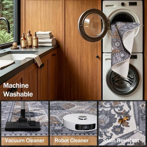 Vintage Washable Living Room Carpet 9x12, Moroccan Patchwork Rug, Dark Grey