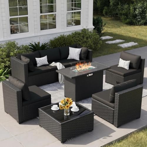 8 Piece Patio Furniture Set with 43" Fire Pit Table, Black