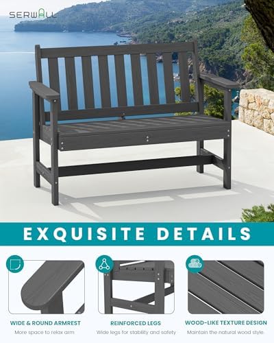 SERWALL HDPE Outdoor Bench, Weatherproof Porch Bench, 1 Pack, Grey
