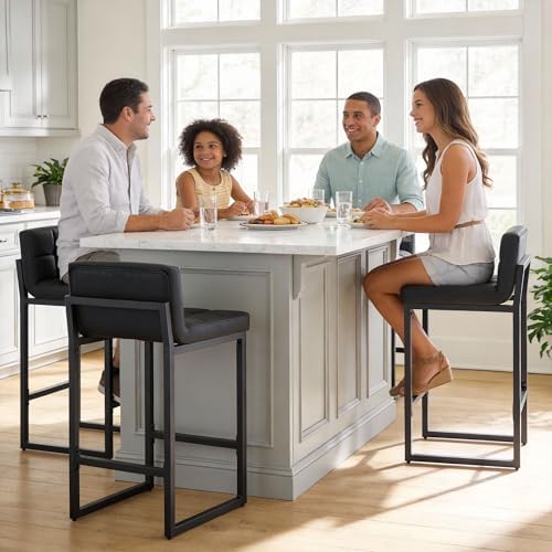 FIRAVOE Bar Stools Set of 3, Upholstered Faux Leather Counter Height Barstools with Low Back and Thickened Metal Legs, Modern Bar Chairs for Kitchen Island, Bar (Black, 3Pcs 26" Counter Stools)