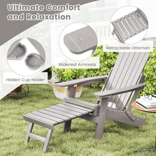 GIANTEX Folding Adirondack Chair, All-Weather Lounge Chair with Adjustable Backrest, Retractable Ottoman, Cup Holder, HIPS Fire Pit Chair for Lawn, Pool, Patio, Porch (1, Gray)