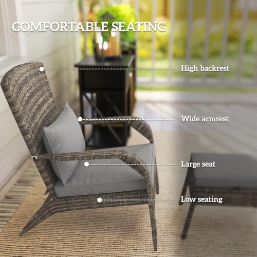 Outsunny Patio Wicker Adirondack Chair with Ottoman High-Back Gray