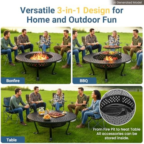 43" Large Fire Pit for Outside with 2 Adjustable Grills,Lid & Fire Poker