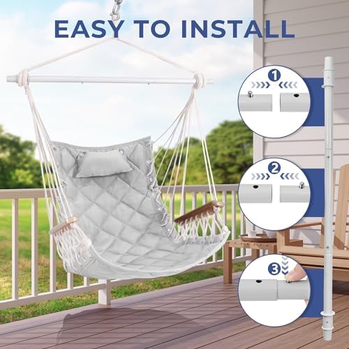 Hammock Chair Hanging Swing with Wooden Armrest;Steel Spreader Bar,Pillows,Hardware kit Included;Cotton Woven Fabric;Up to 350 Lbs,for Indoor Light Grey