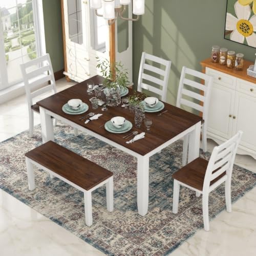 LUMISOL Solid Wood Kitchen Table Set with 4 Chairs & Long Bench, Walnut Cottage White (6 Piece)