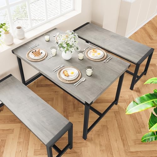 Dining Table Set for 4 with 2 Benches, 3-Piece Kitchen Table Set, Space-Saving Dining Set for Kitchen, Dining Room, Gray