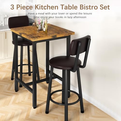 3 Piece Bar Table and Chairs Set for 2, Counter Height Square Pub Dining Set, Bar Table and Stools for 2, Wood Top Bistro Set with Backrest PU Bar Stools for Breakfast Nook Small Kitchen & Living Room